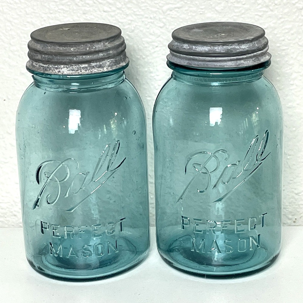 Antique Ball Perfect Mason Blue Quart Jar #7 & 11 with Zinc Lids 1910-1923
